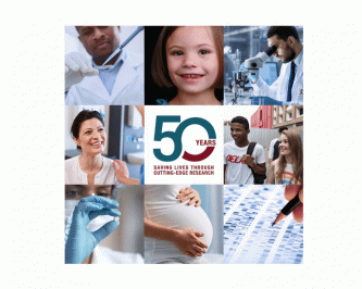 Photo collage of scientists, a girl smiling, a woman patient smiling, youth, and genetic research and the logo 50 Years Saving Lives Through Cutting Edge Research