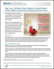 Factsheet with title New Year, Old Myths, New Fatalities, Alcohol Traffic Deaths Jump During Christmas and New Years Eve.