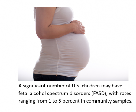 Photo of a pregnant woman, with caption: A significant number of U.S. children may have fetal alcohol spectrum disorders (FASD), with rates ranging from 1 to 5 percent in community samples.
