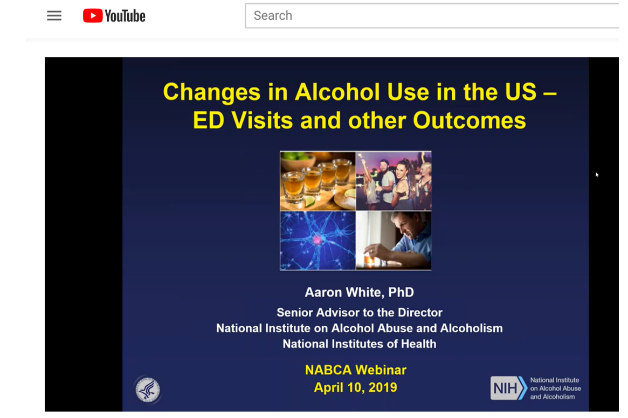 Screenshot of "Changes in Alcohol Use in the US – ED Visits and Other Outcomes" webinar title screen on YouTube.
