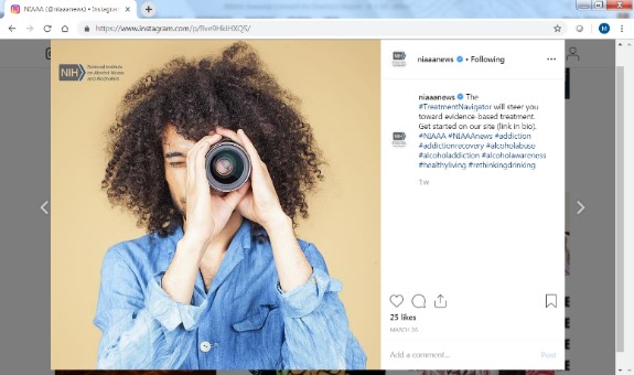 Screenshot of NIH Instagram post with an image of a woman holding a camera