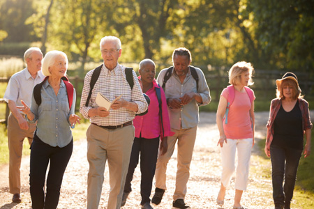 Group of senior friends hiking in countryside