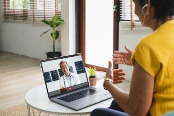 decorative image showing a patient talking to a doctor through a computer