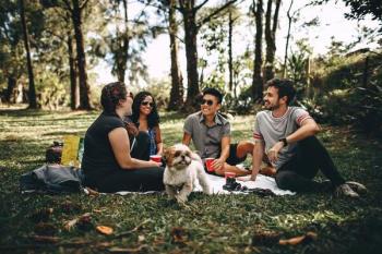 Friends chatting outside. 